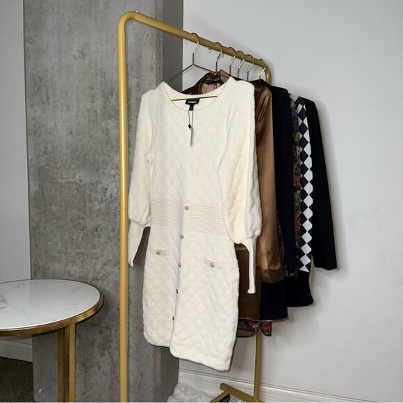 Express Embellished Button Front Mini Sweater Dress in Ivory/Off White - Picture 9 of 17